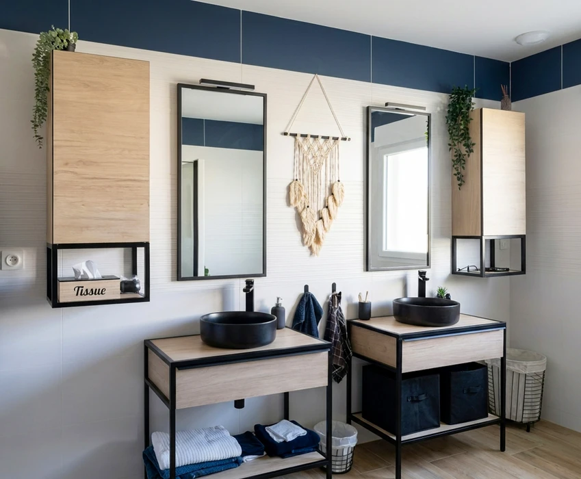 Salle de bains moderne style scandinave-industriel, double vasque