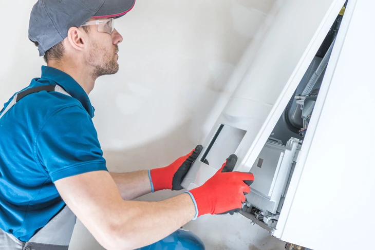 Intérieur moderne avec chaudière à gaz murale blanche installée sur mur gris-bleu