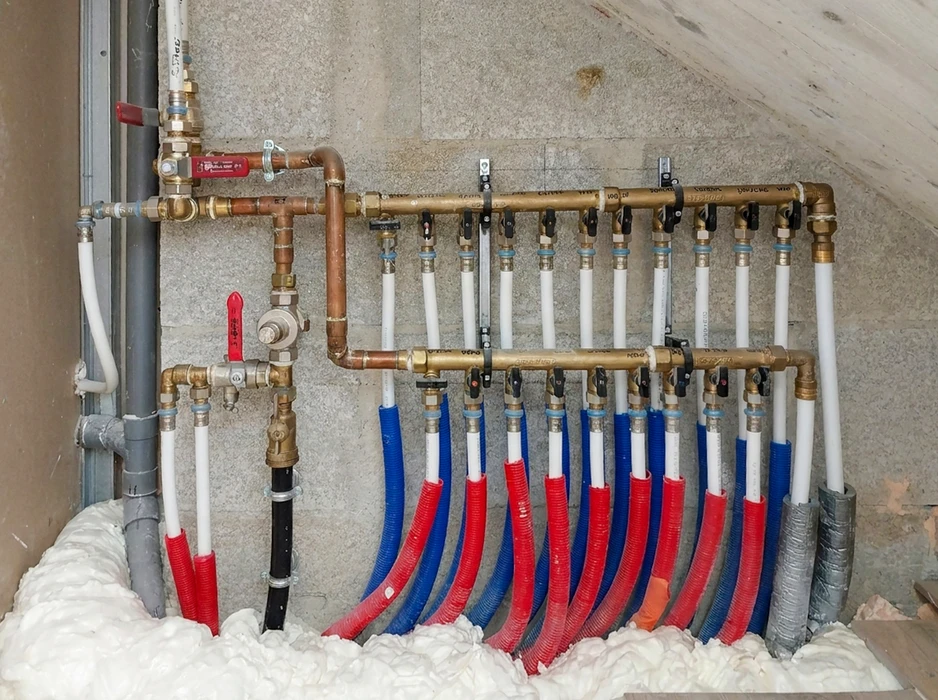 Installation de plomberie en sous-sol : collecteur de distribution en laiton double rangée, avec vannes d'arrêt à levier