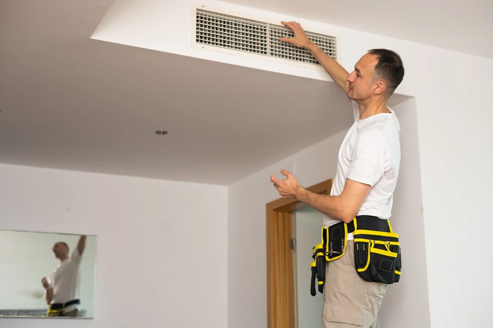 Intérieur résidentiel, homme installant un système de ventilation mécanique contrôlée