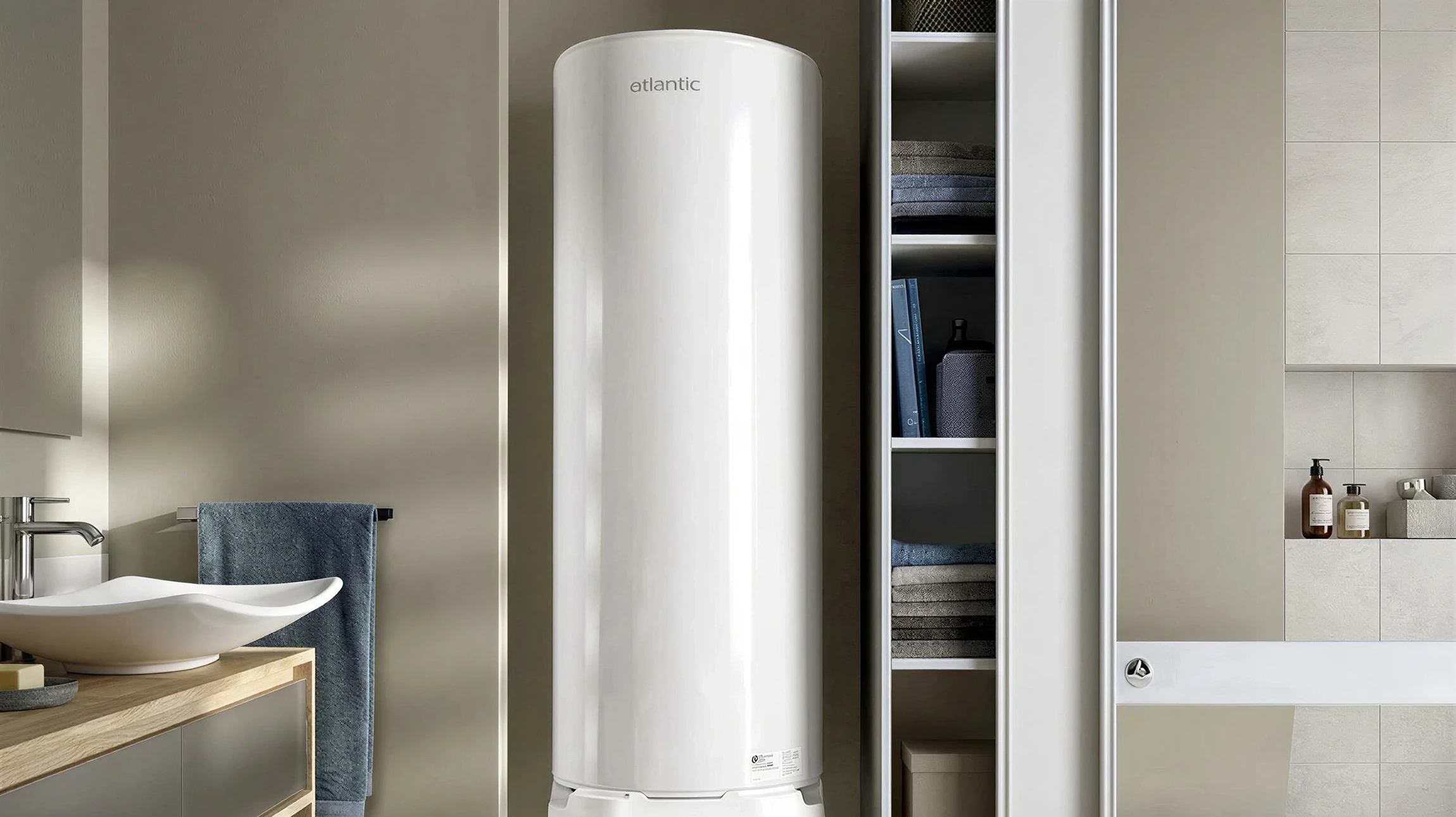 Intérieur avec mur bleu, chauffe-eau électrique blanc cylindrique monté au mur