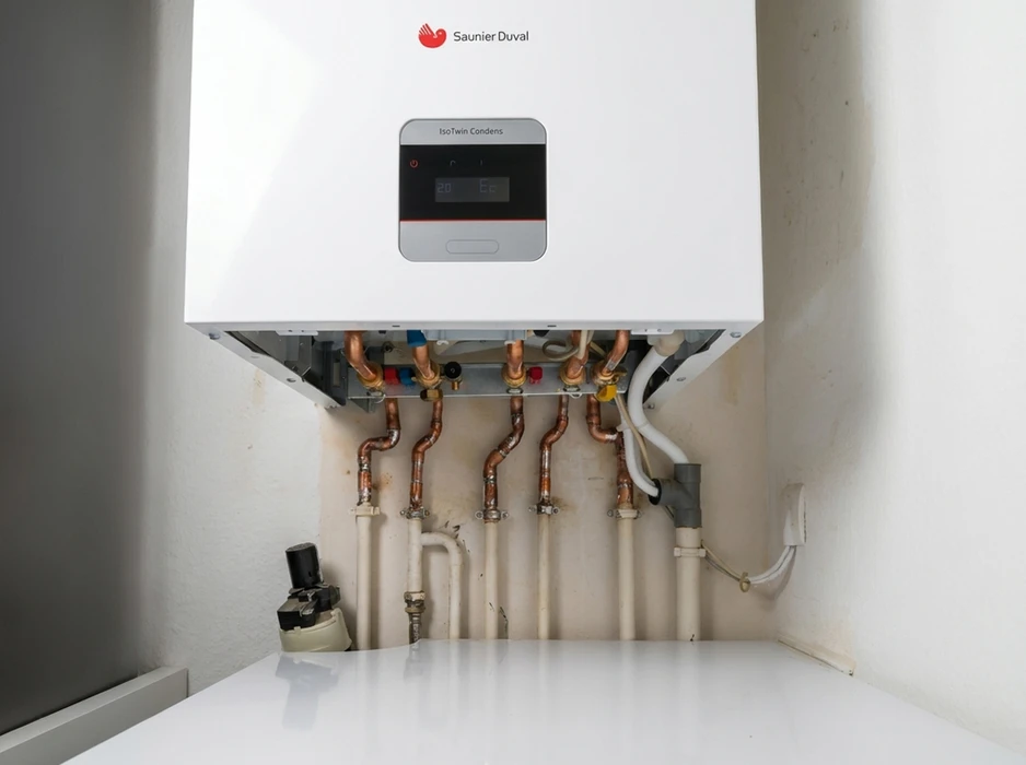 Technicien en sweat noir travaillant dans un local technique étroit
