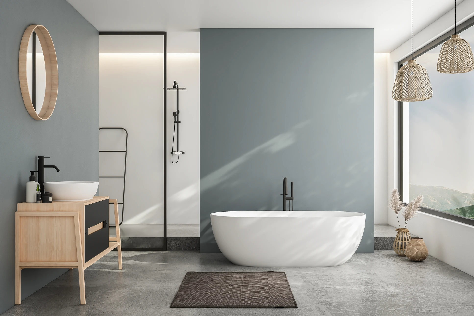 Salle de bain moderne minimaliste avec baignoire îlot blanche et douche à l'italienne séparée par cloison vitrée noire