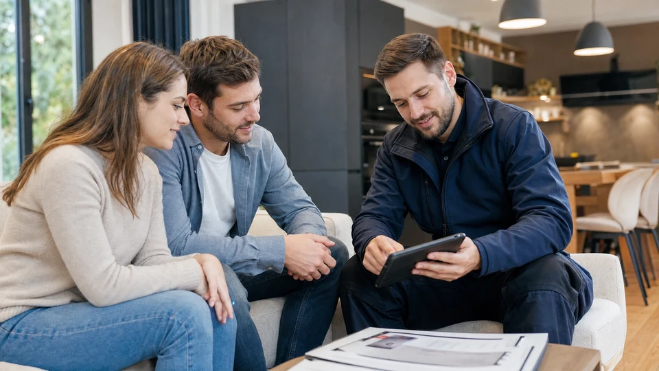 Plombier professionnel en combinaison bleue et gants rouges intervient sur installation de chauffage domestique