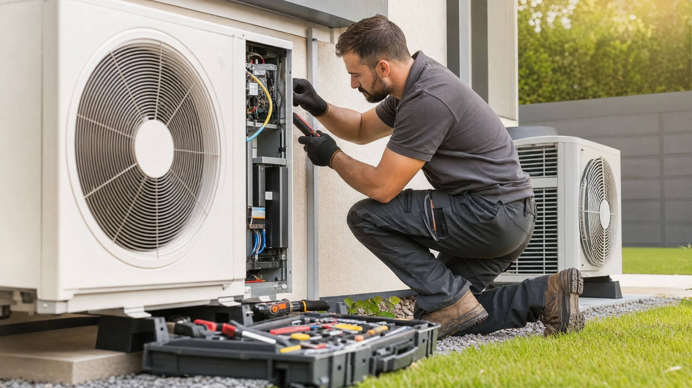 Technicien en gants de protection réalisant la maintenance d'une unité de climatisation murale résidentielle